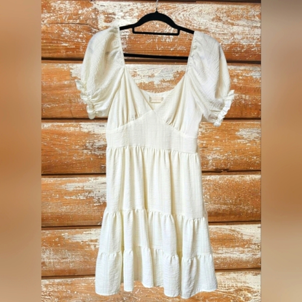 Altar'd State Cream Ruffle Flowy Midi Vneck Dress Puff Sleeve Bustier Fit &Flare
